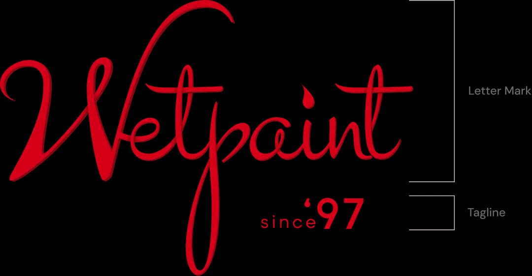 Wetpaint logo with letter mark and tagline annotations